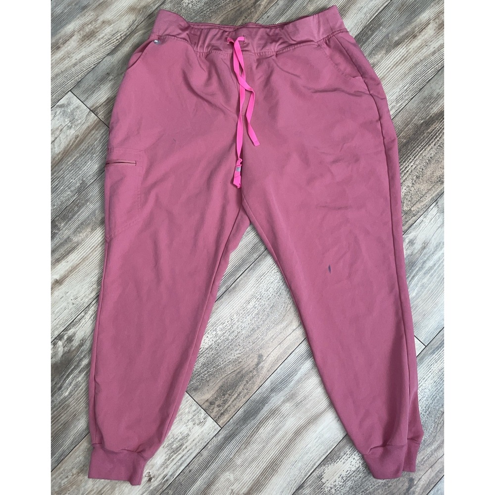 Figs Women's Track Pants in Rose Pink with Hot Pink Drawstring